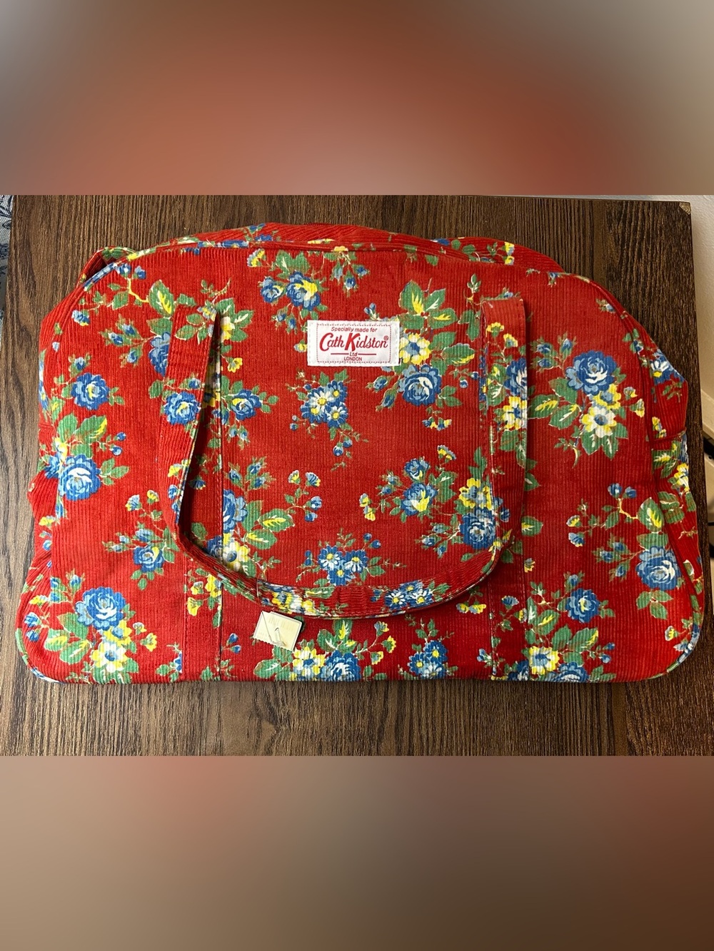 Red Corduroy Cath Kidston Tote Bag - Blue & Yellow Floral Pattern